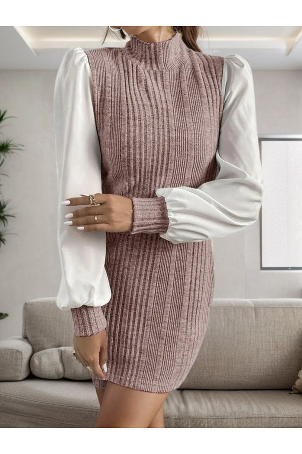 Ribbed Contrast Long Sleeve Sweater Dress