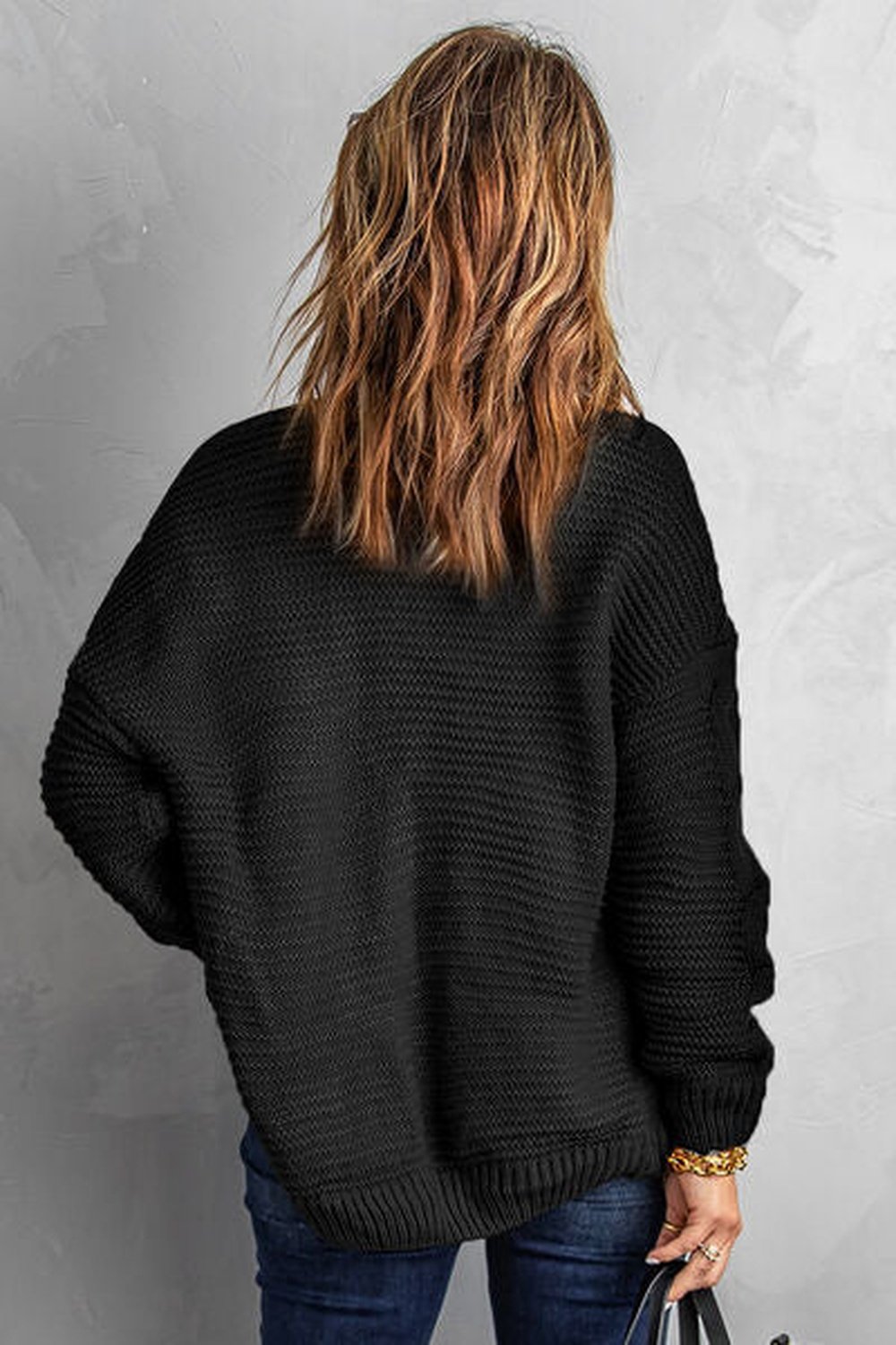 Waffle-Knit Open Front Dropped Shoulder Sweater