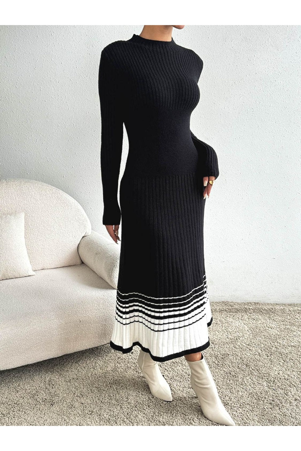 Contrast Mock Neck Long Sleeve Sweater Dress