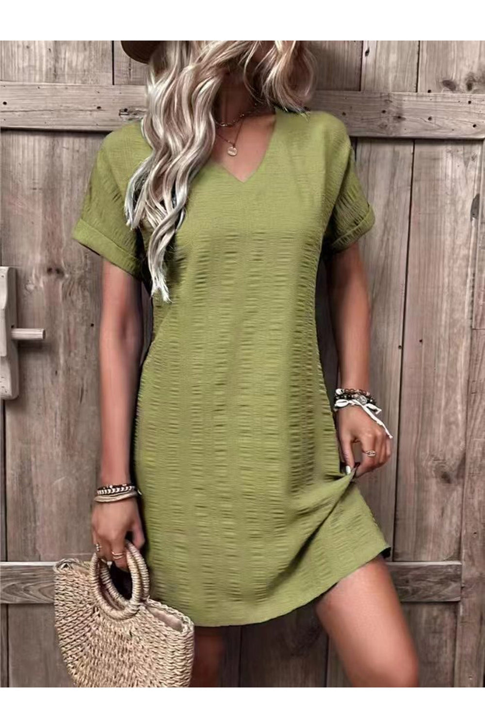 Full Size V-Neck Short Sleeve Mini Dress