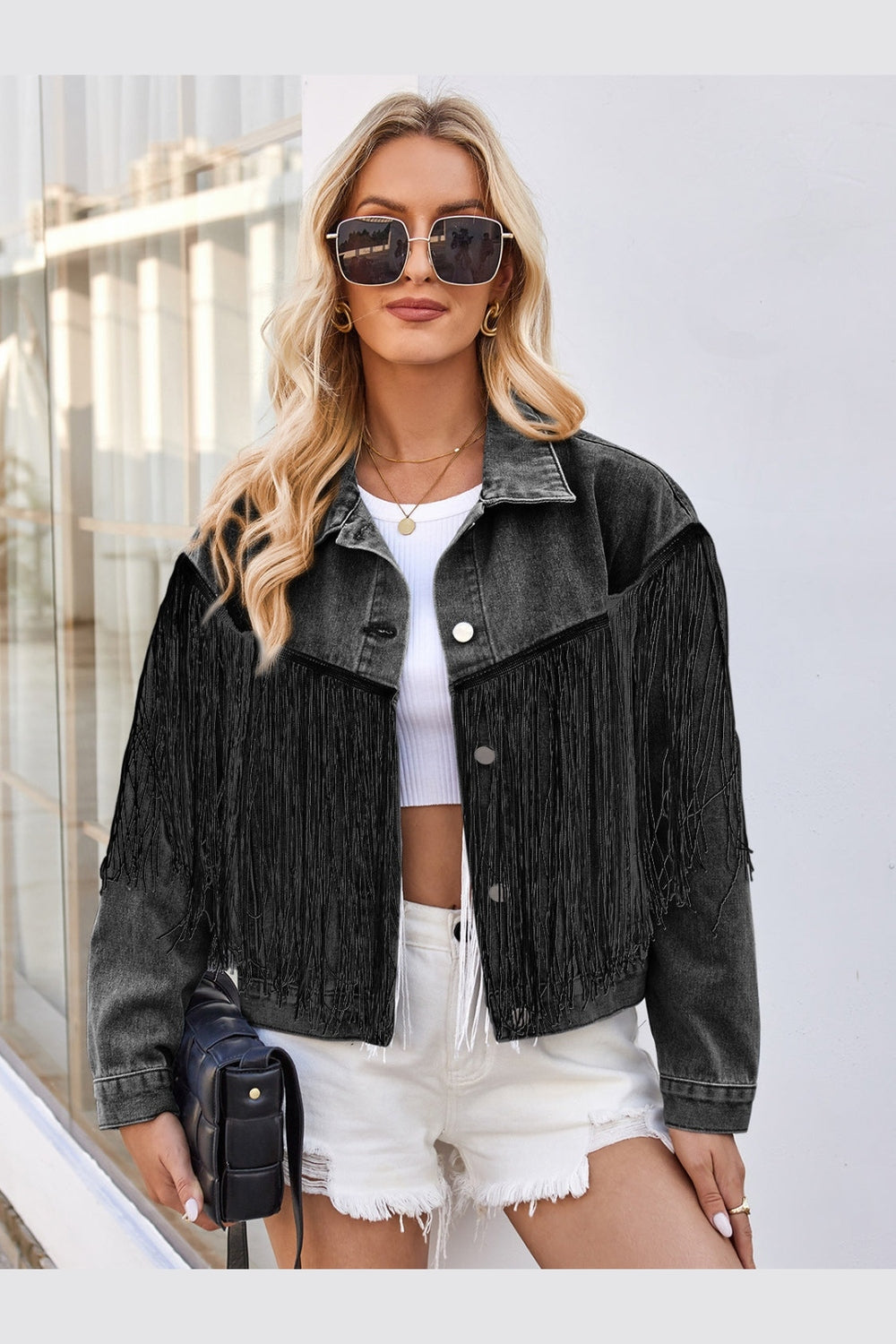 Tassel Button Up Dropped Shoulder Denim Jacket