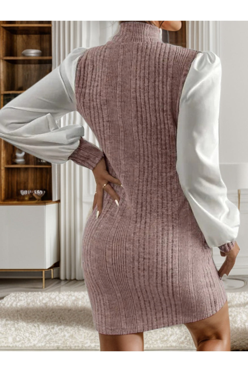 Ribbed Contrast Long Sleeve Sweater Dress