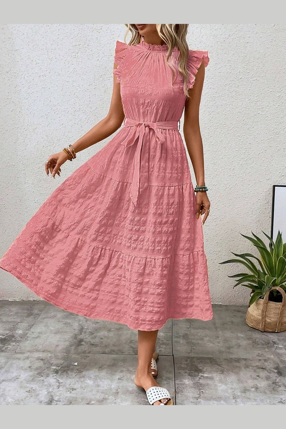 Tied Ruffled Cap Sleeve Midi Dress