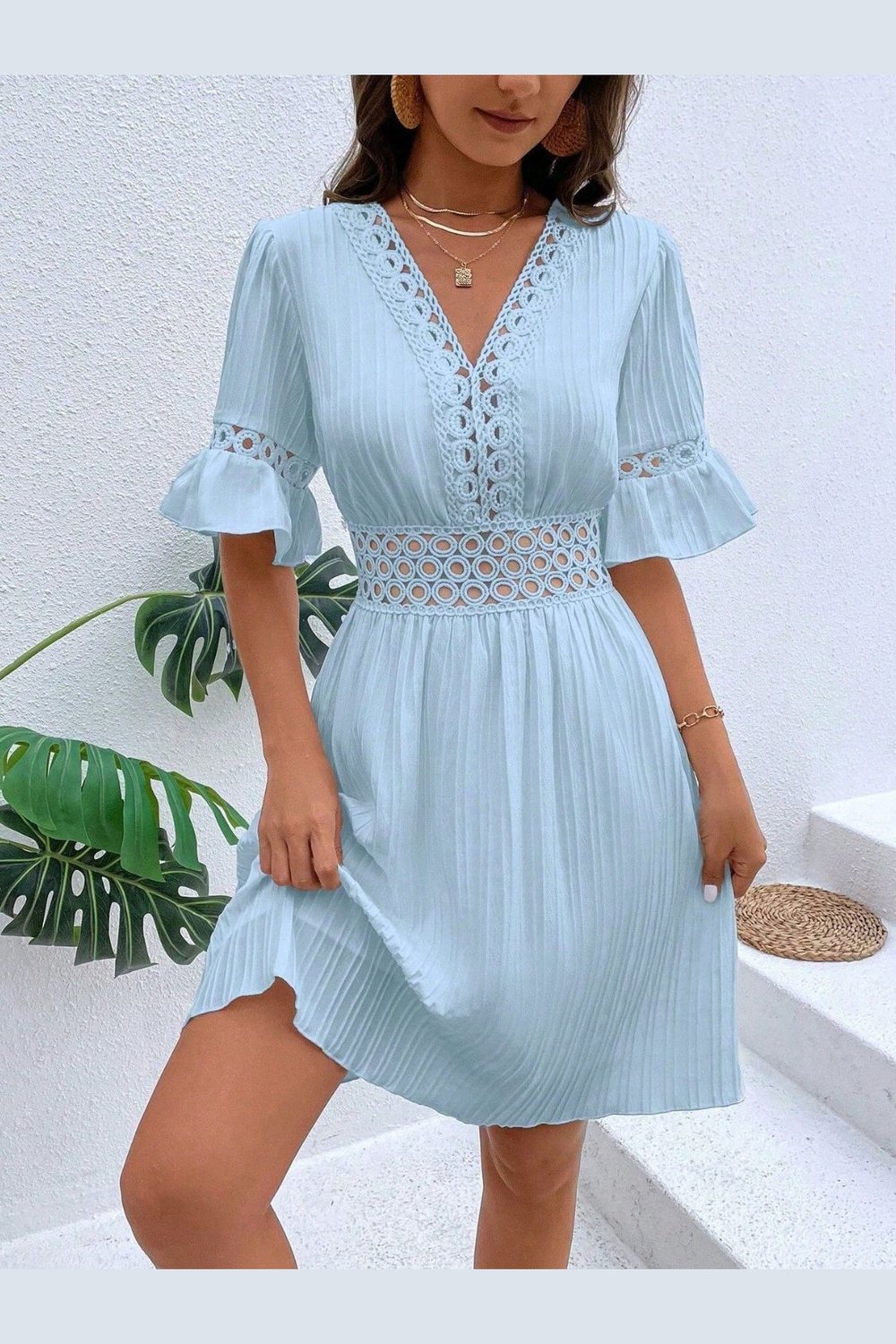 Cutout V-Neck Flounce Sleeve Mini Dress