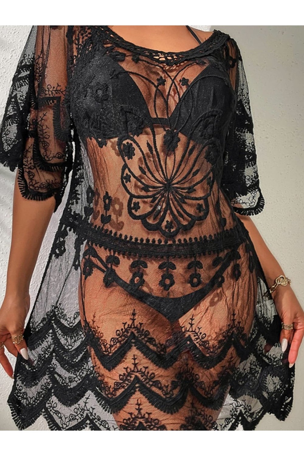 Lace Round Neck Half Sleeve Cover-Up