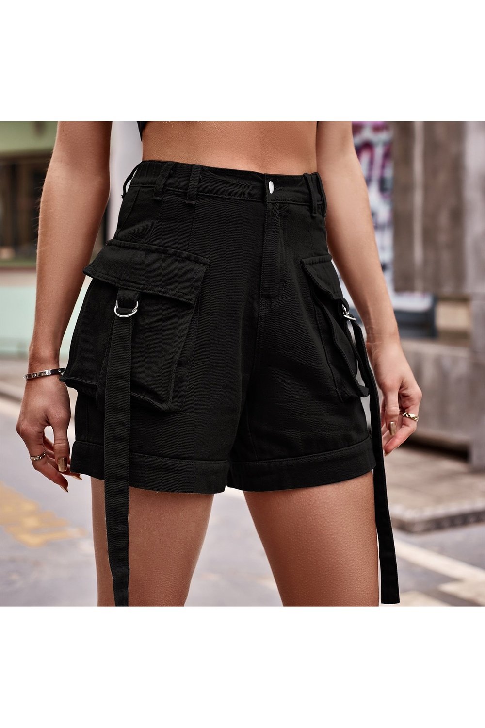 High Waist Denim Cargo Shorts