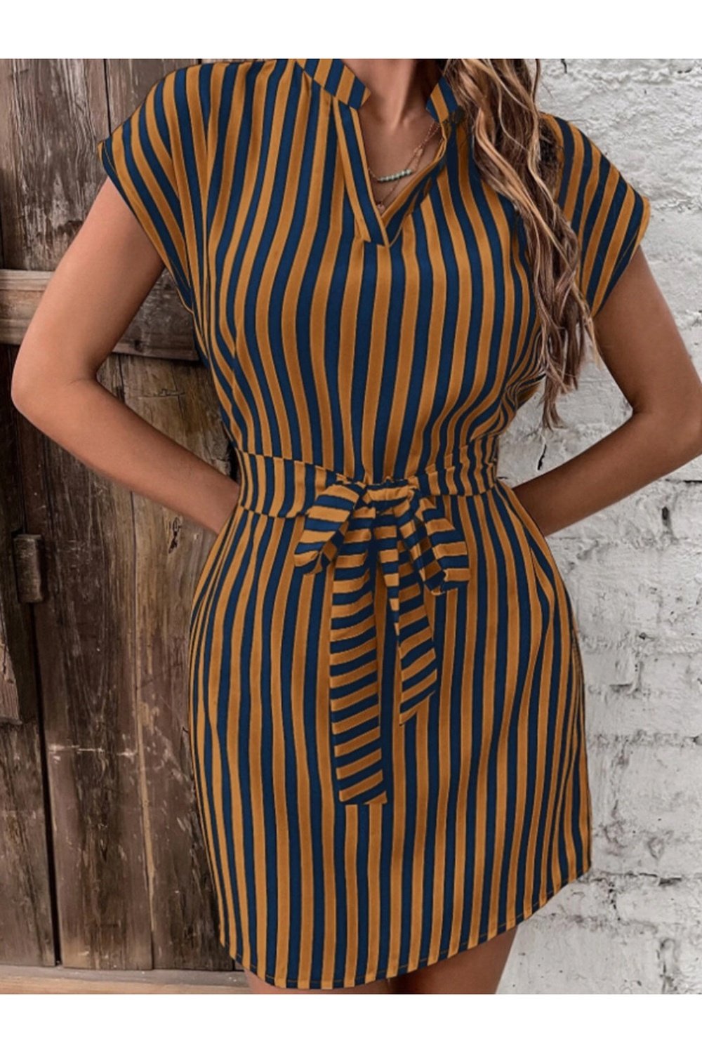 Tied Striped Cap Sleeve Mini Dress