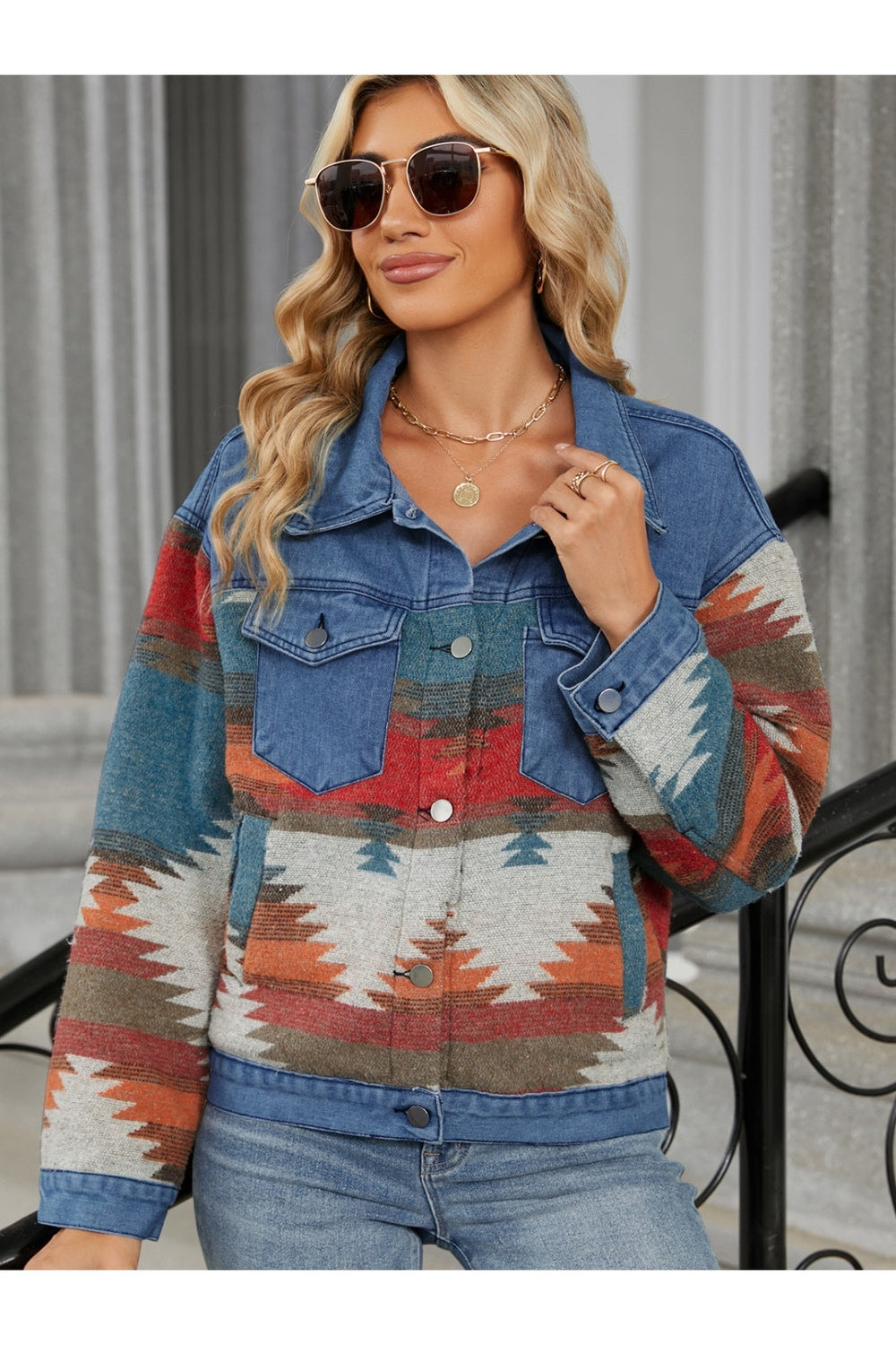 Geometric Button Up Long Sleeve Denim Jacket