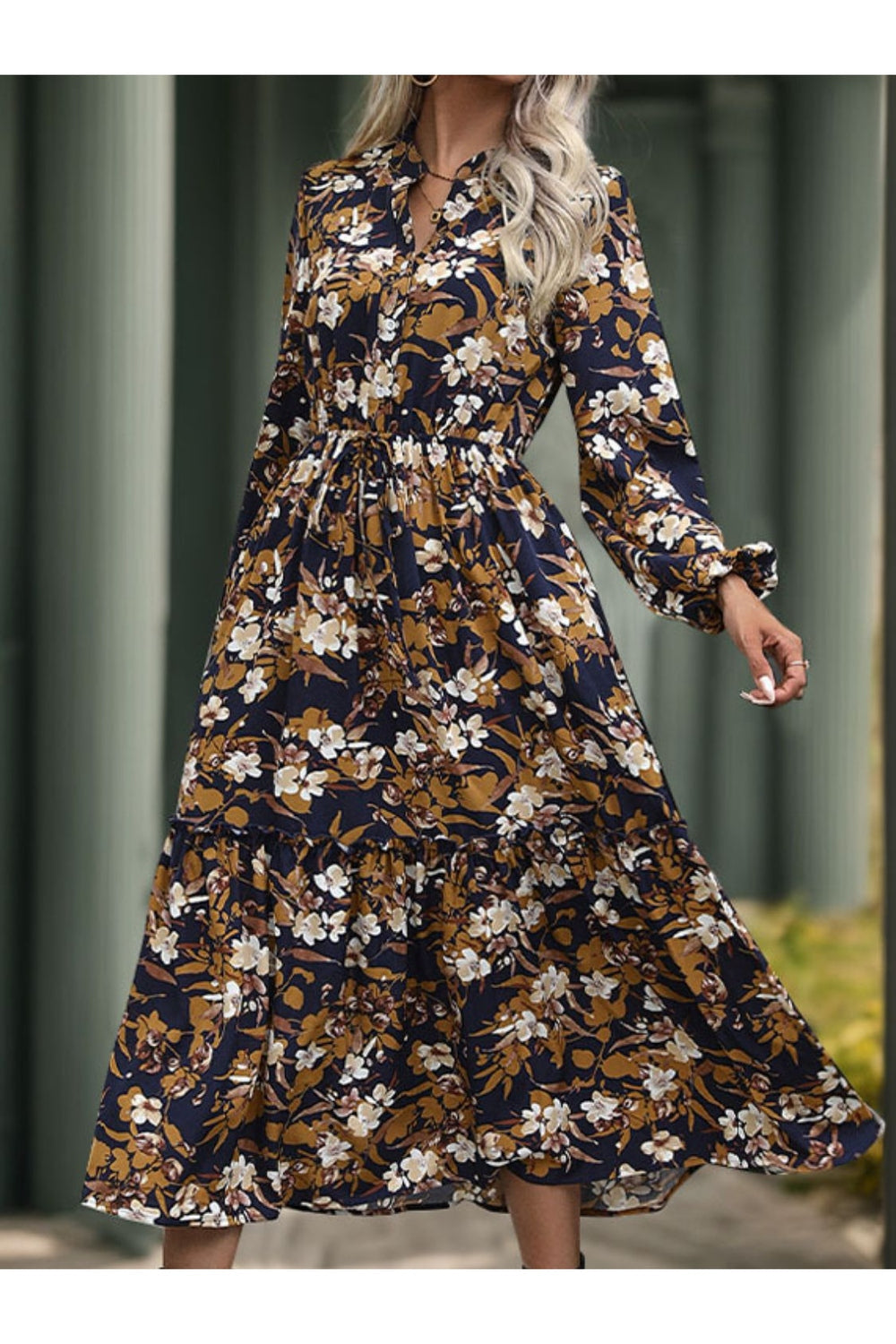 Perfee Printed Notched Long Sleeve Midi Dress