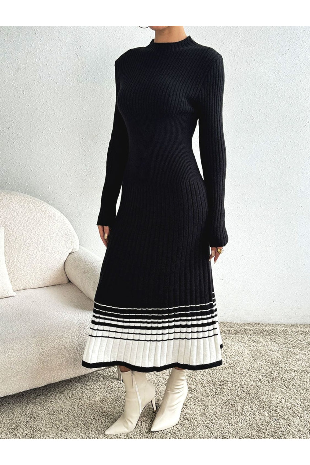 Contrast Mock Neck Long Sleeve Sweater Dress