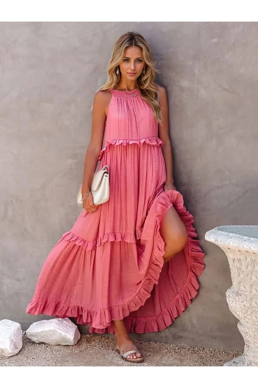 Ruffled Sleeveless Tiered Maxi Dress with Pockets