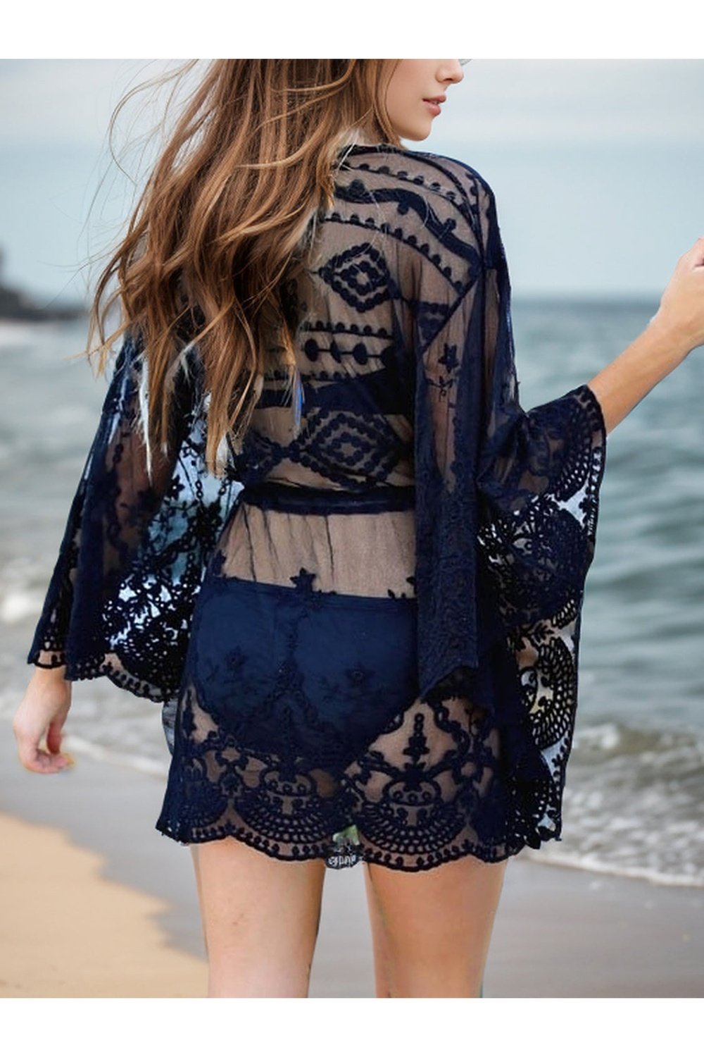 Lace V-Neck Three-Quarter Sleeve Cover Up