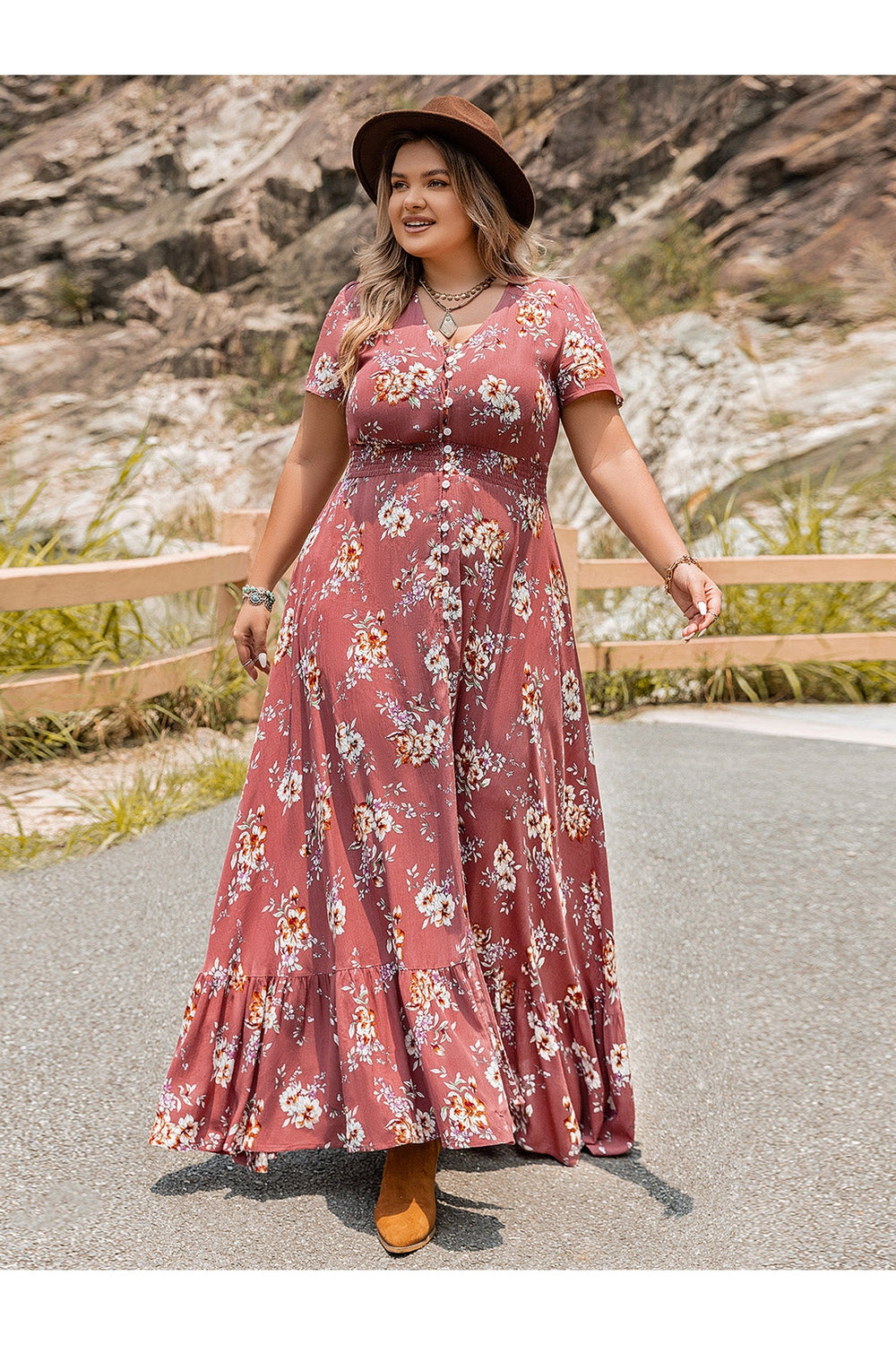 Plus Size Floral Slit Ruffle Hem Dress