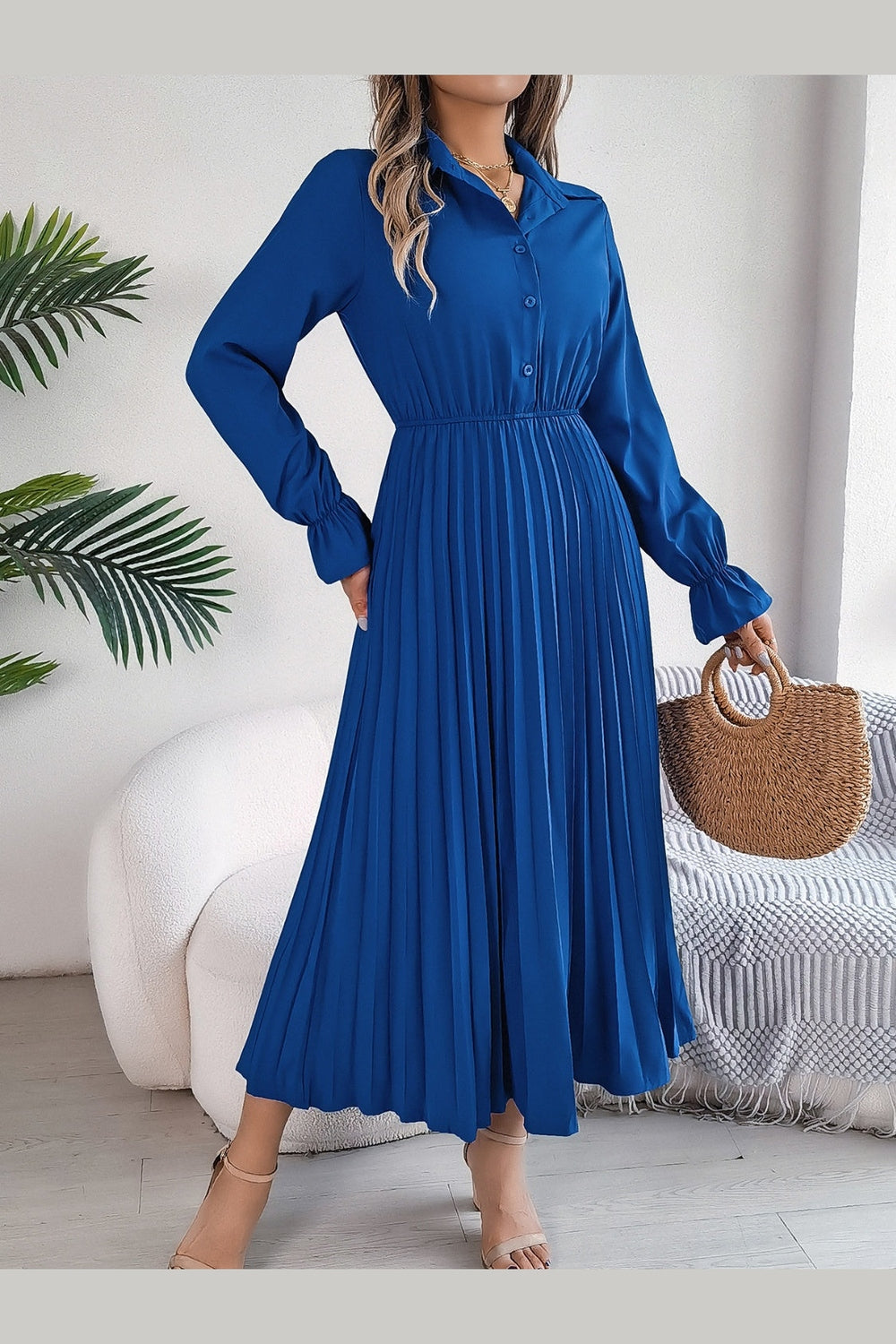 Pleated Half Button Long Sleeve Midi Dress