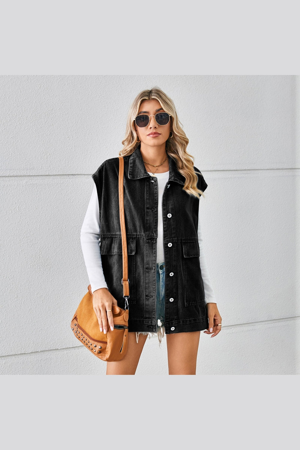 Pocketed Button Up Sleeveless Denim Jacket