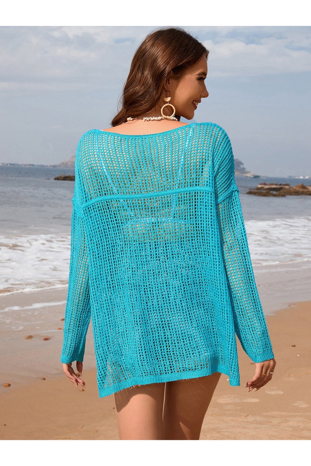 Openwork Slit Boat Neck Long Sleeve Cover-Up