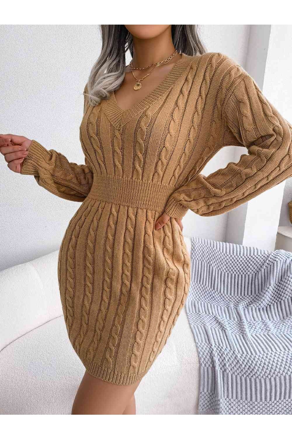 Cable-Knit V-Neck Mini Sweater Dress