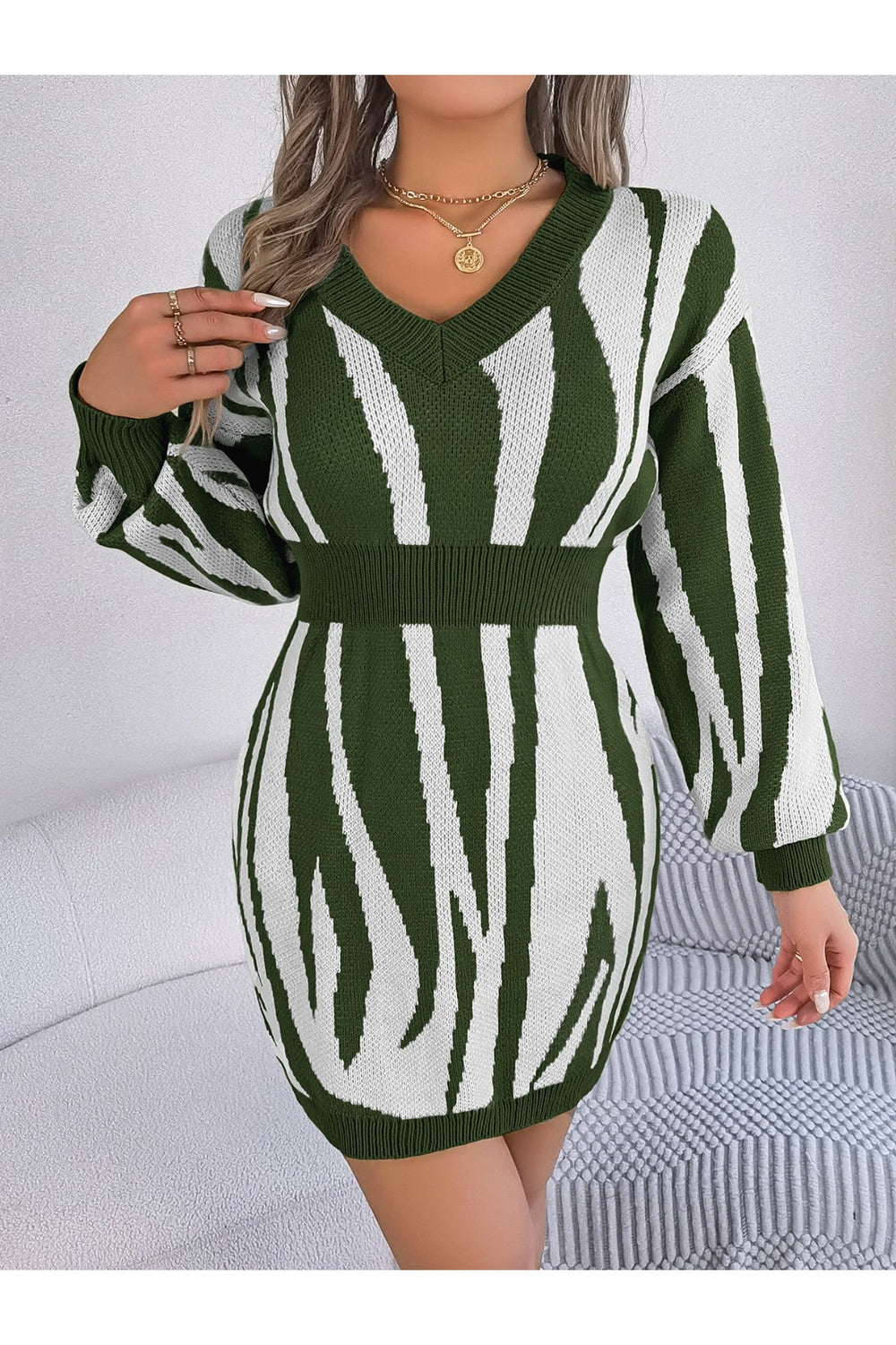 Animal Print V-Neck Long Sleeve Sweater Dress