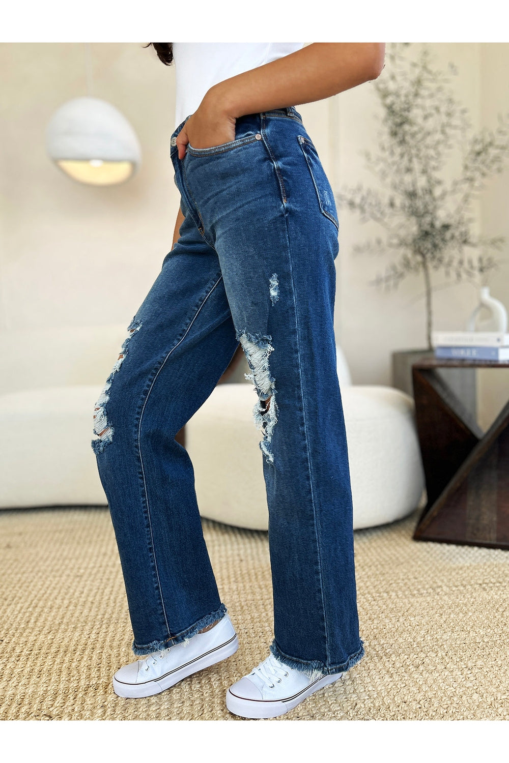 Judy Blue Full Size Mid Rise Distressed Raw Hem Jeans