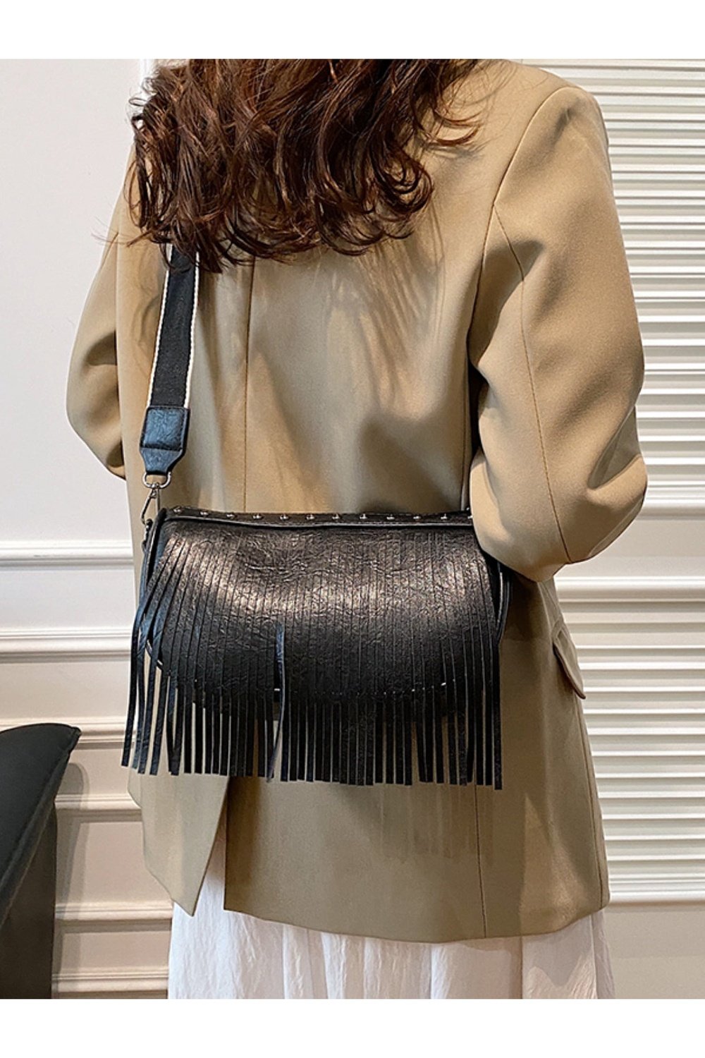 PU Leather Fringe Studded Crossbody Bag