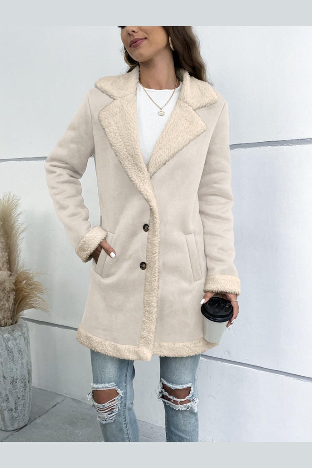 Contrast Button Up Lapel Collar Long Sleeve Coat