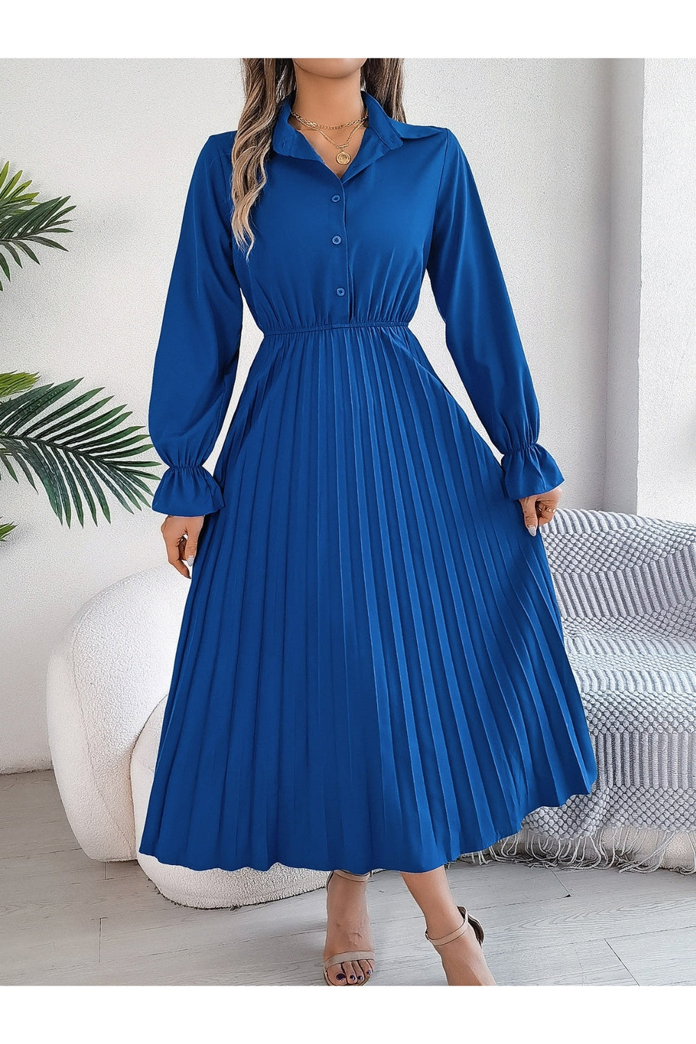 Pleated Half Button Long Sleeve Midi Dress