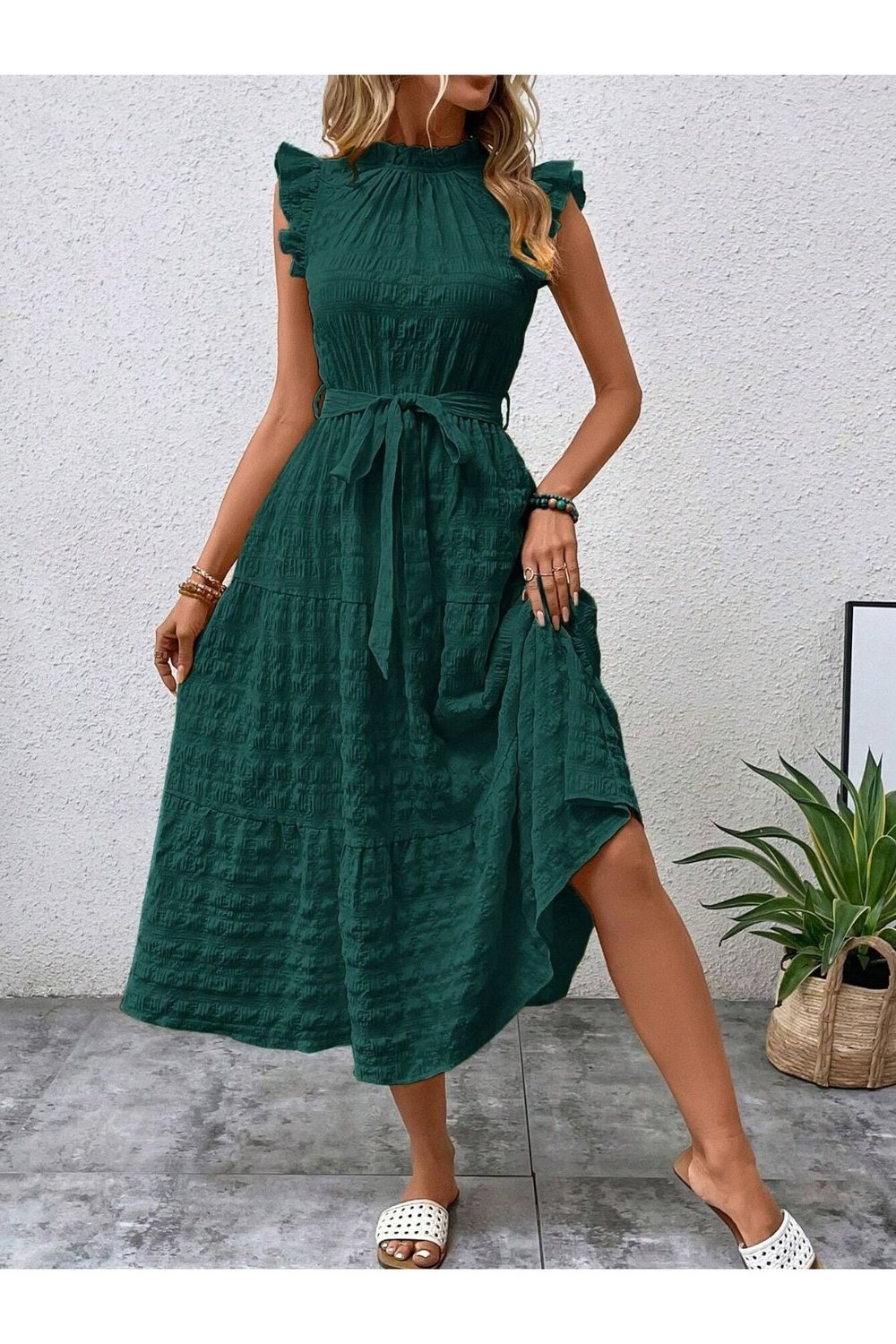 Tied Ruffled Cap Sleeve Midi Dress