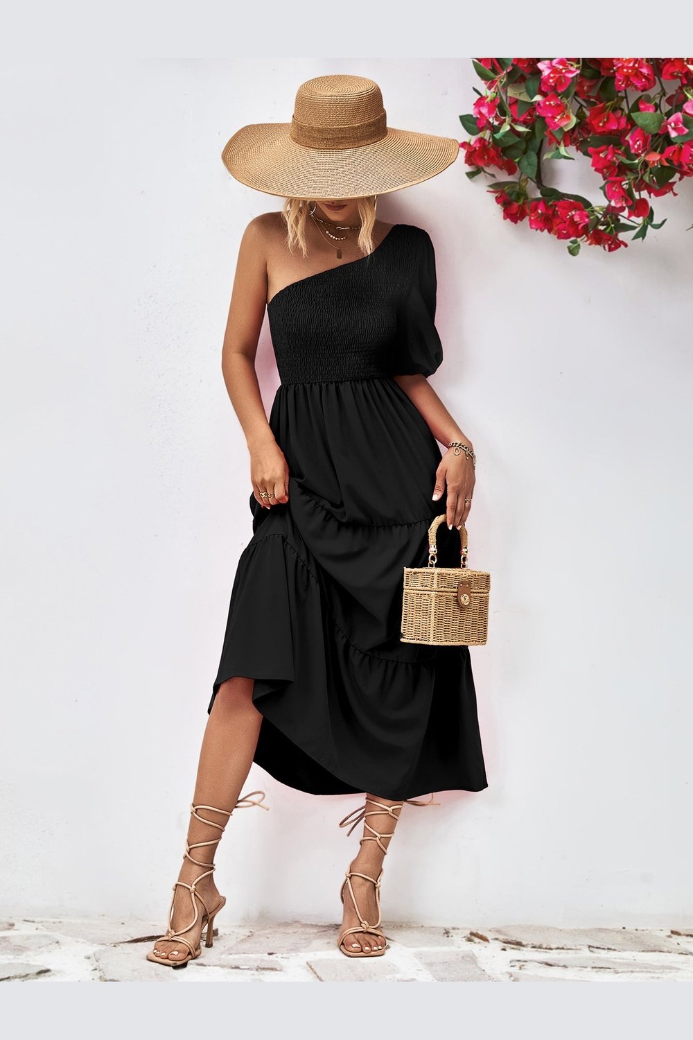 Smocked One-Shoulder Midi Dress