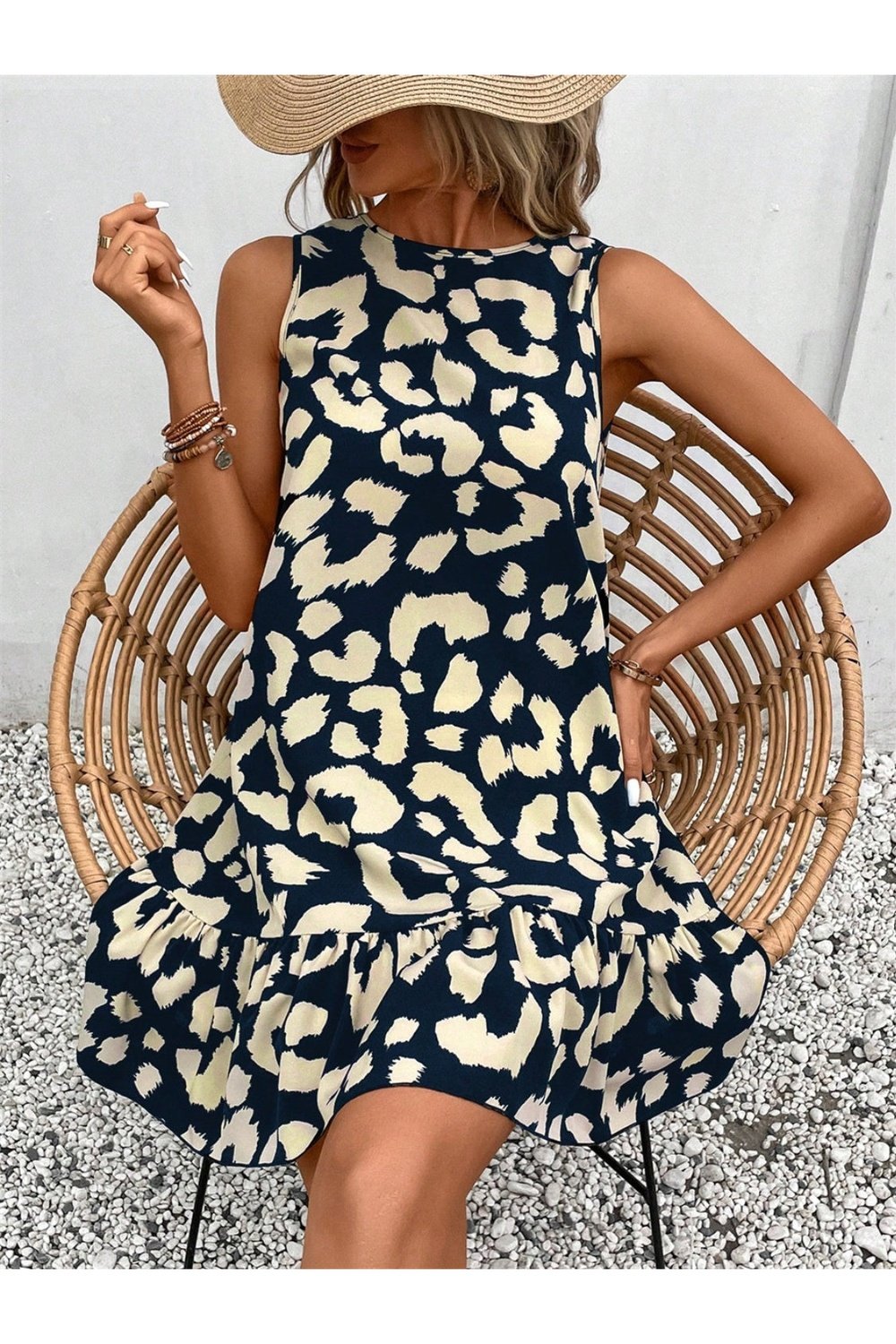 Tied Leopard Round Neck Tank Dress