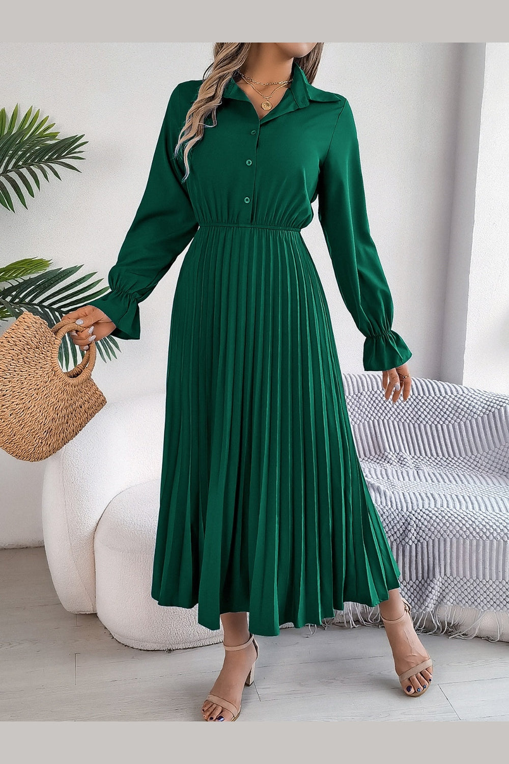 Pleated Half Button Long Sleeve Midi Dress