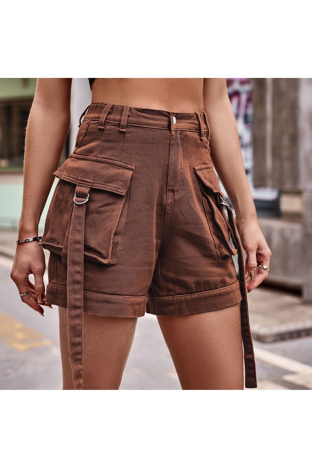 High Waist Denim Cargo Shorts