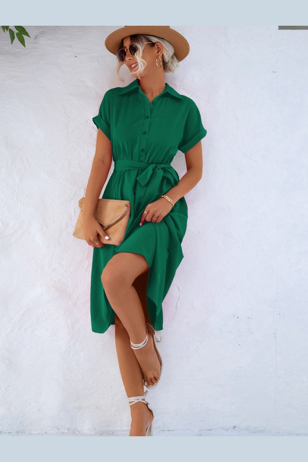 Buttoned Tie Waist Short Sleeve Dress