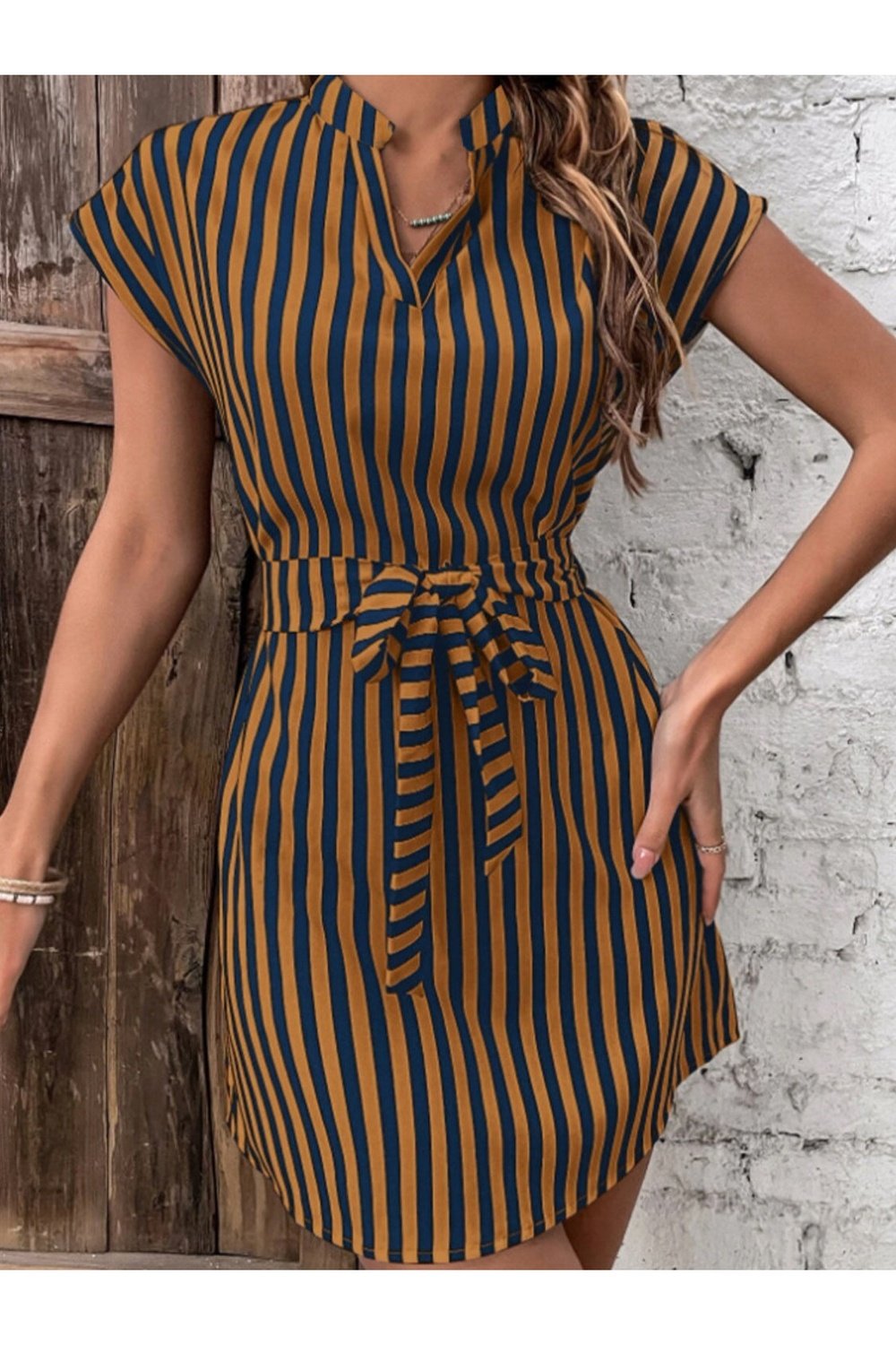 Tied Striped Cap Sleeve Mini Dress