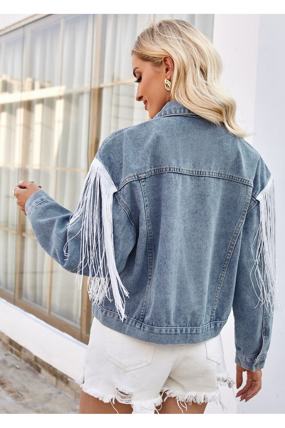 Tassel Button Up Dropped Shoulder Denim Jacket