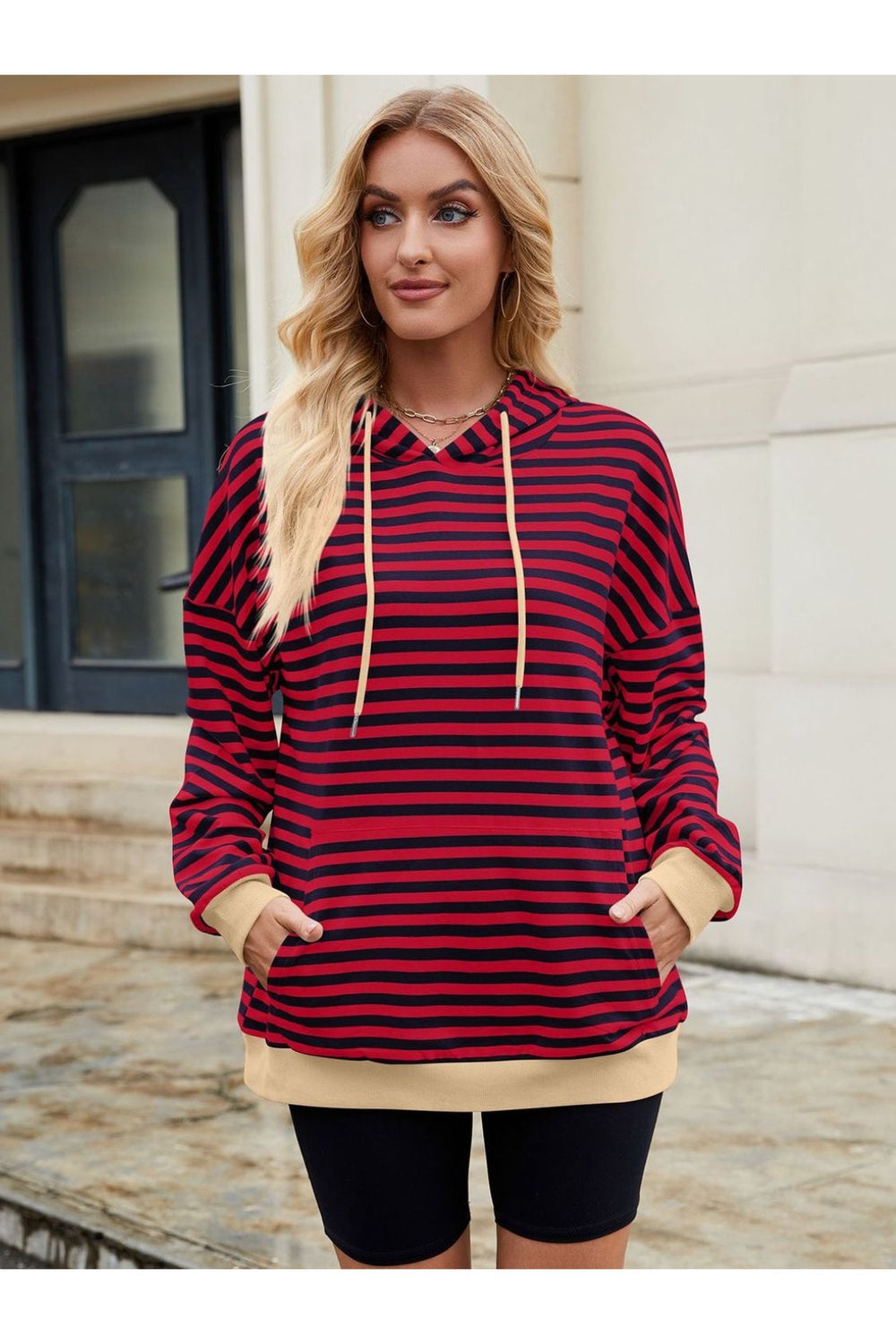 Drawstring Contrast Striped Long Sleeve Hoodie