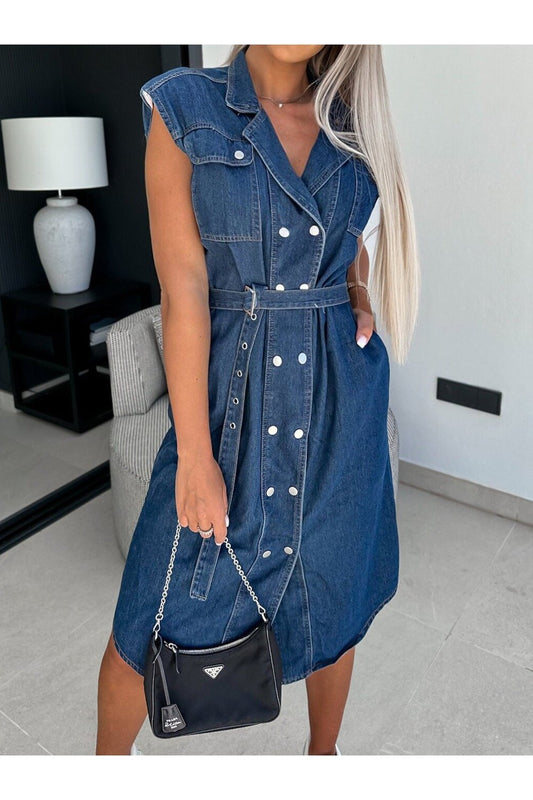 Collared Neck Cap Sleeve Denim Dress