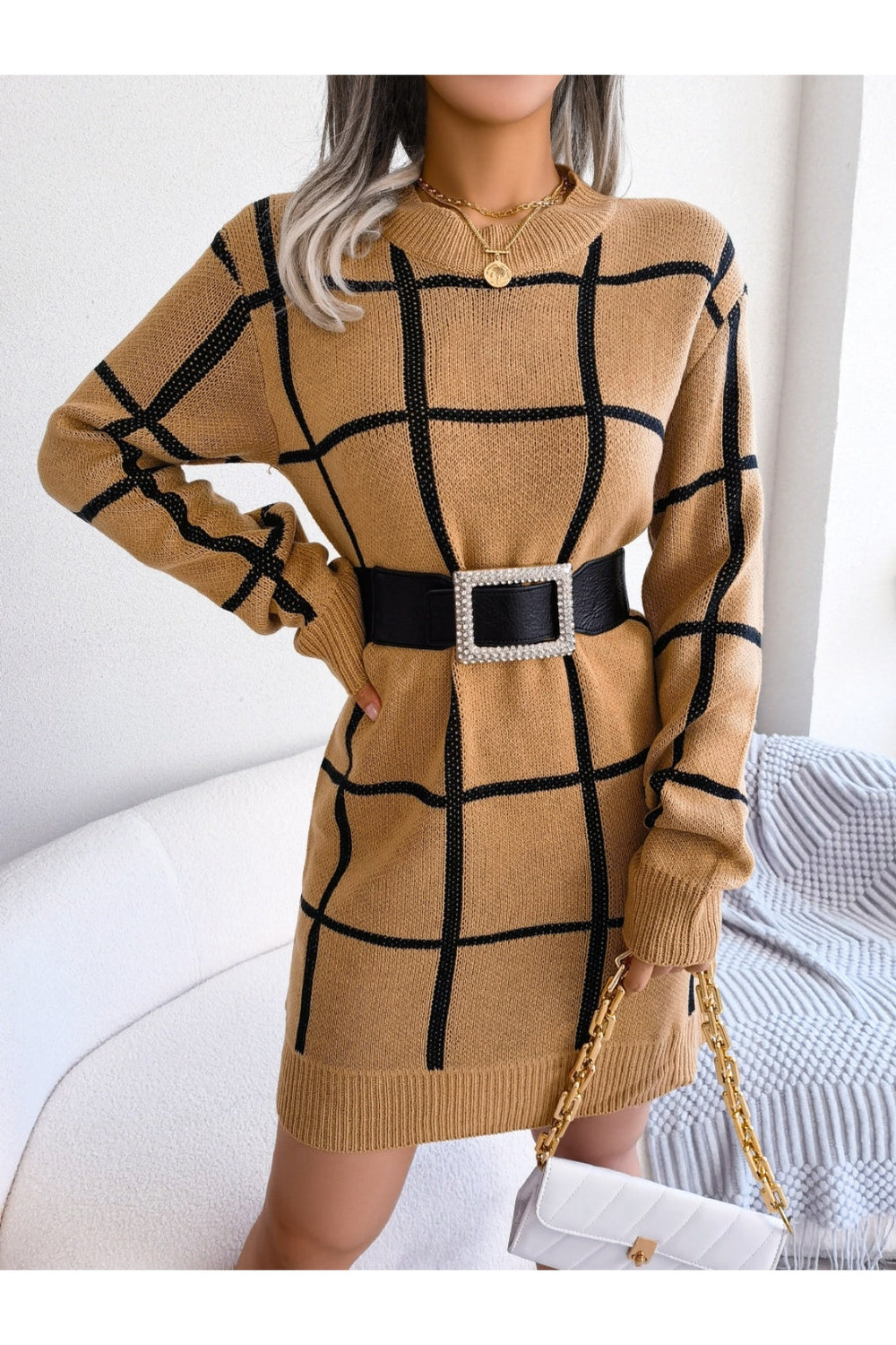 Plaid Round Neck Dropped Shoulder Sweater Dress