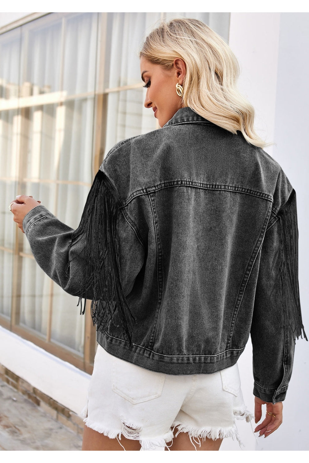 Tassel Button Up Dropped Shoulder Denim Jacket