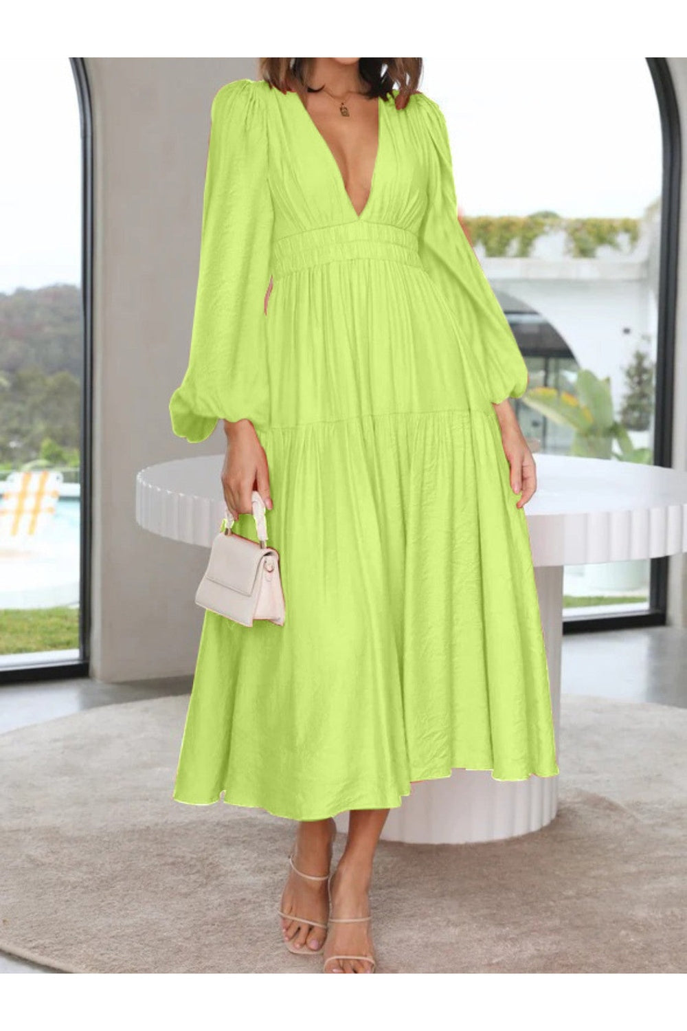 Deep V-Neck Balloon Sleeve Plain Maxi Dress