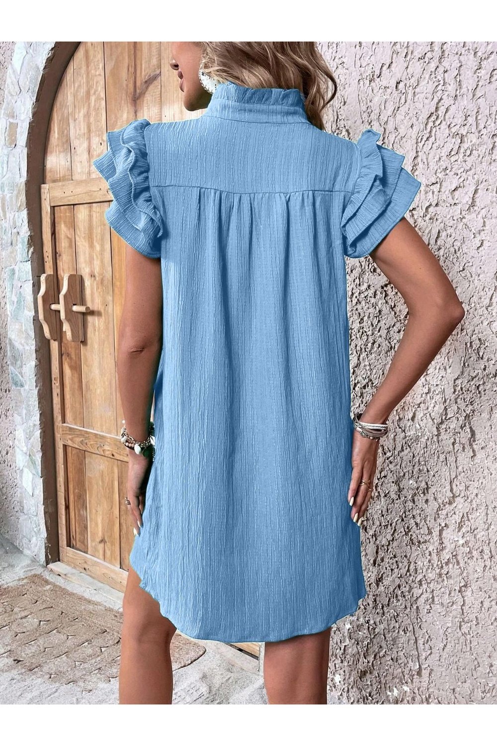 Ruffled Notched Cap Sleeve Mini Dress