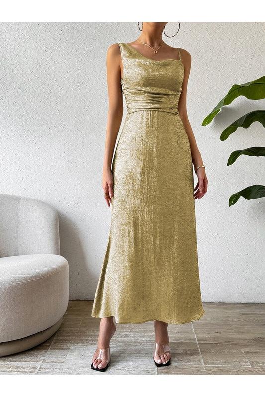 Asymmetric Neck Sleeveless Midi Dress