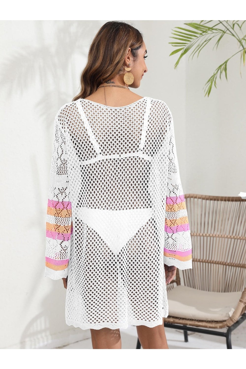 Openwork Contrast Long Sleeve Cover-Up