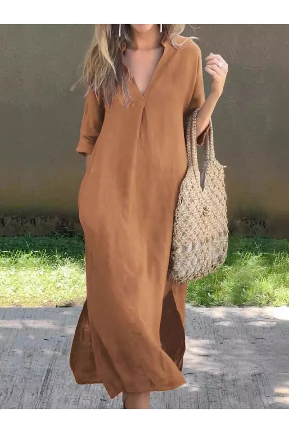 Full Size Notched Half Sleeve Midi Dress