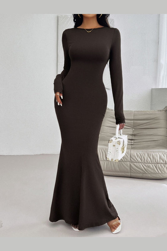 Devine Backless Round Neck Long Sleeve Maxi Dress