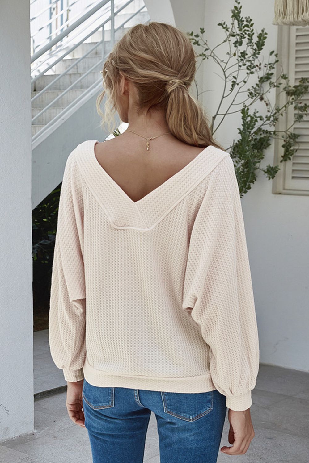 Boat Neck Waffle-knit Lantern Sleeve Blouse with Pocket