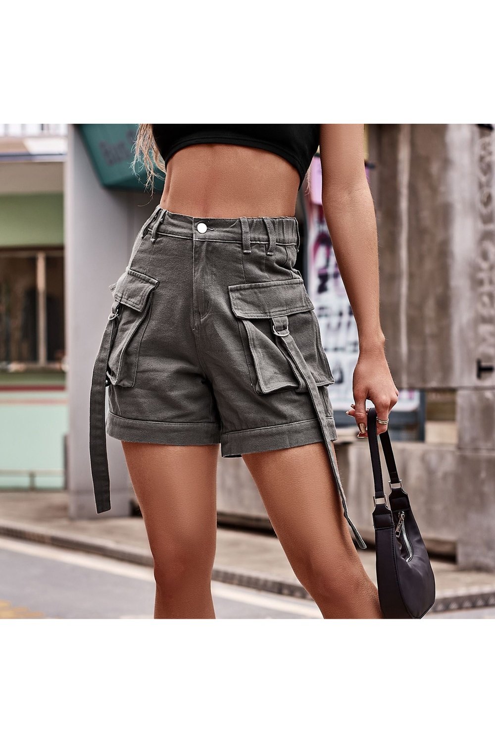 High Waist Denim Cargo Shorts