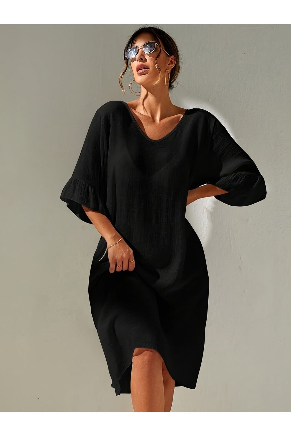 Slit V-Neck Flounce Sleeve Cover-Up