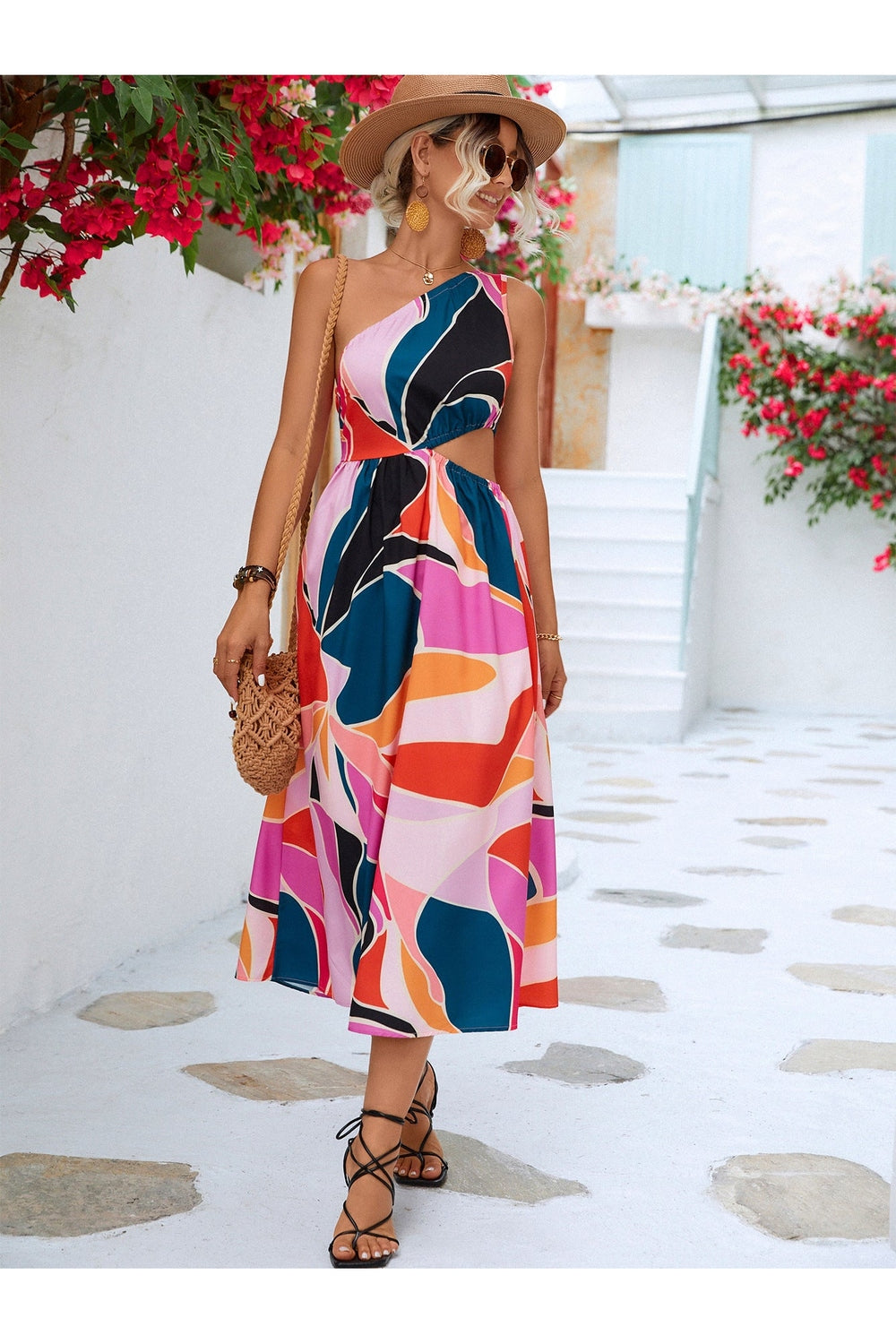 Printed Cutout One-Shoulder Sleeveless Dress