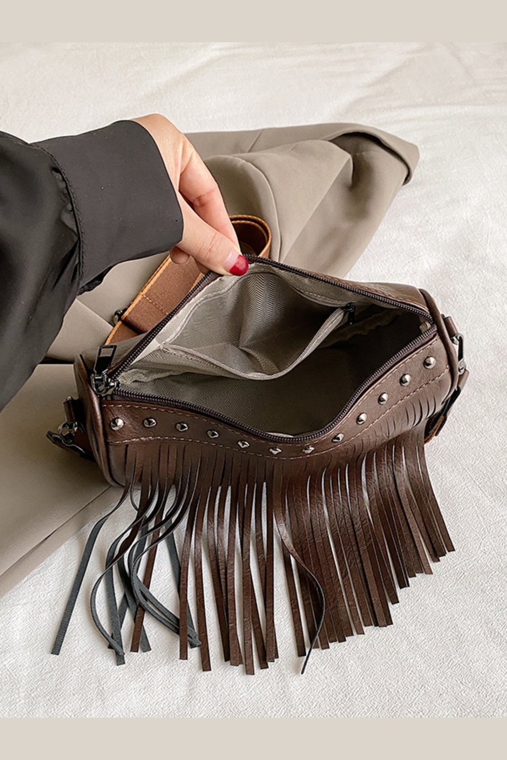 PU Leather Fringe Studded Crossbody Bag