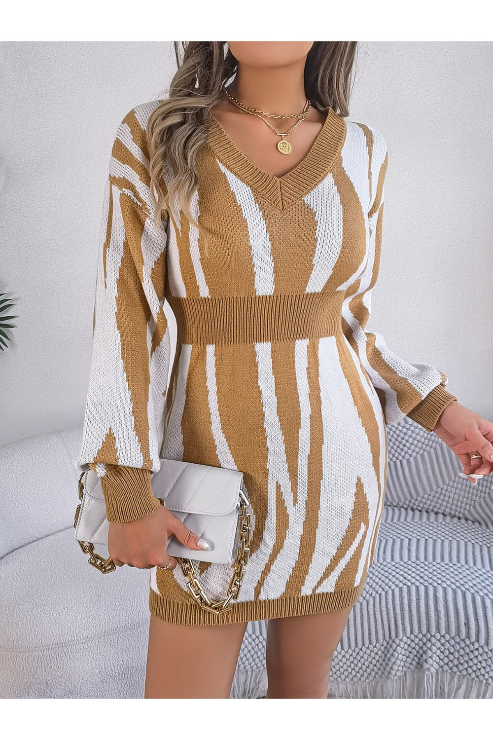 Animal Print V-Neck Long Sleeve Sweater Dress